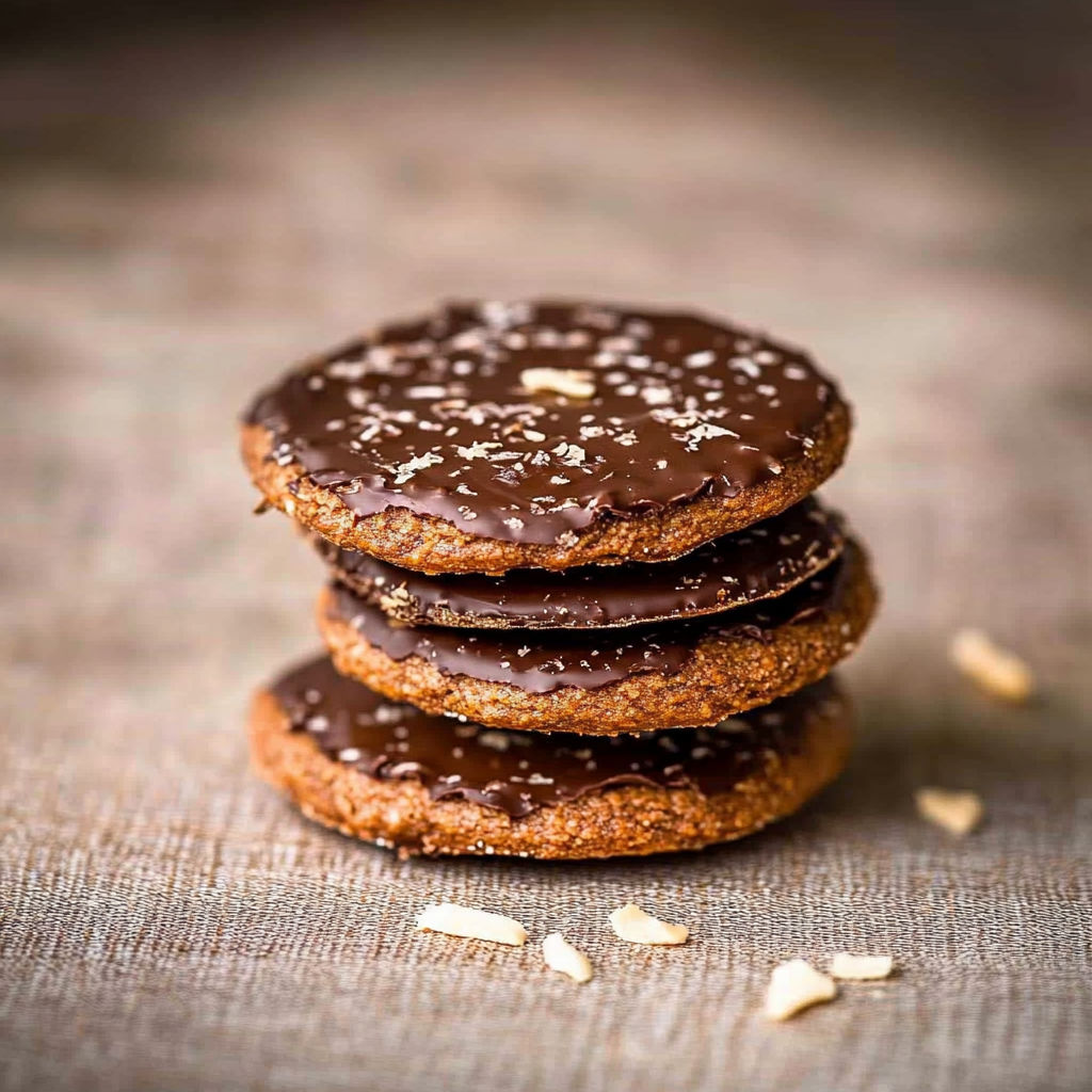Three stacked chocolate cookies with nuts on top.
