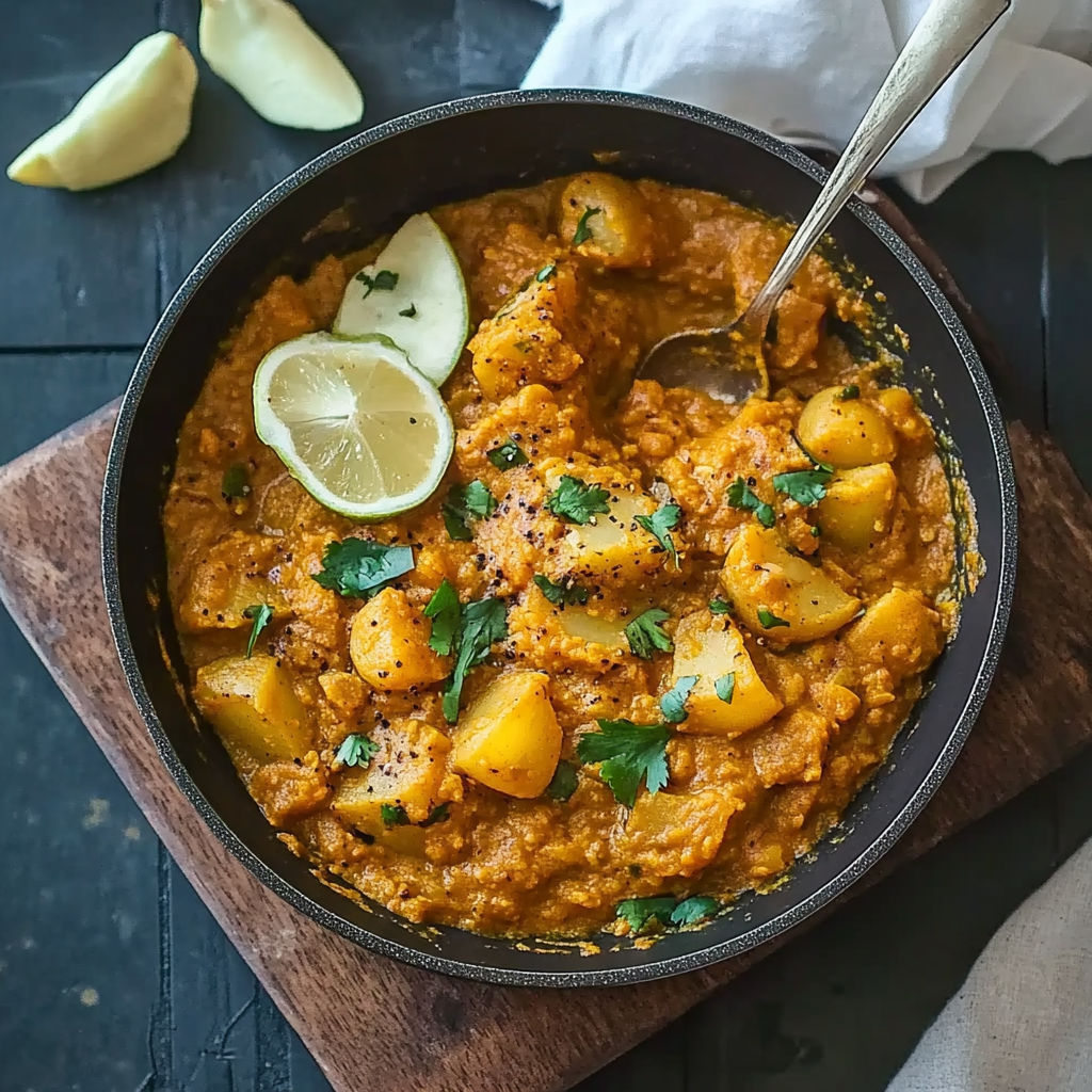 A bowl of aloo curry with a spoon in it.