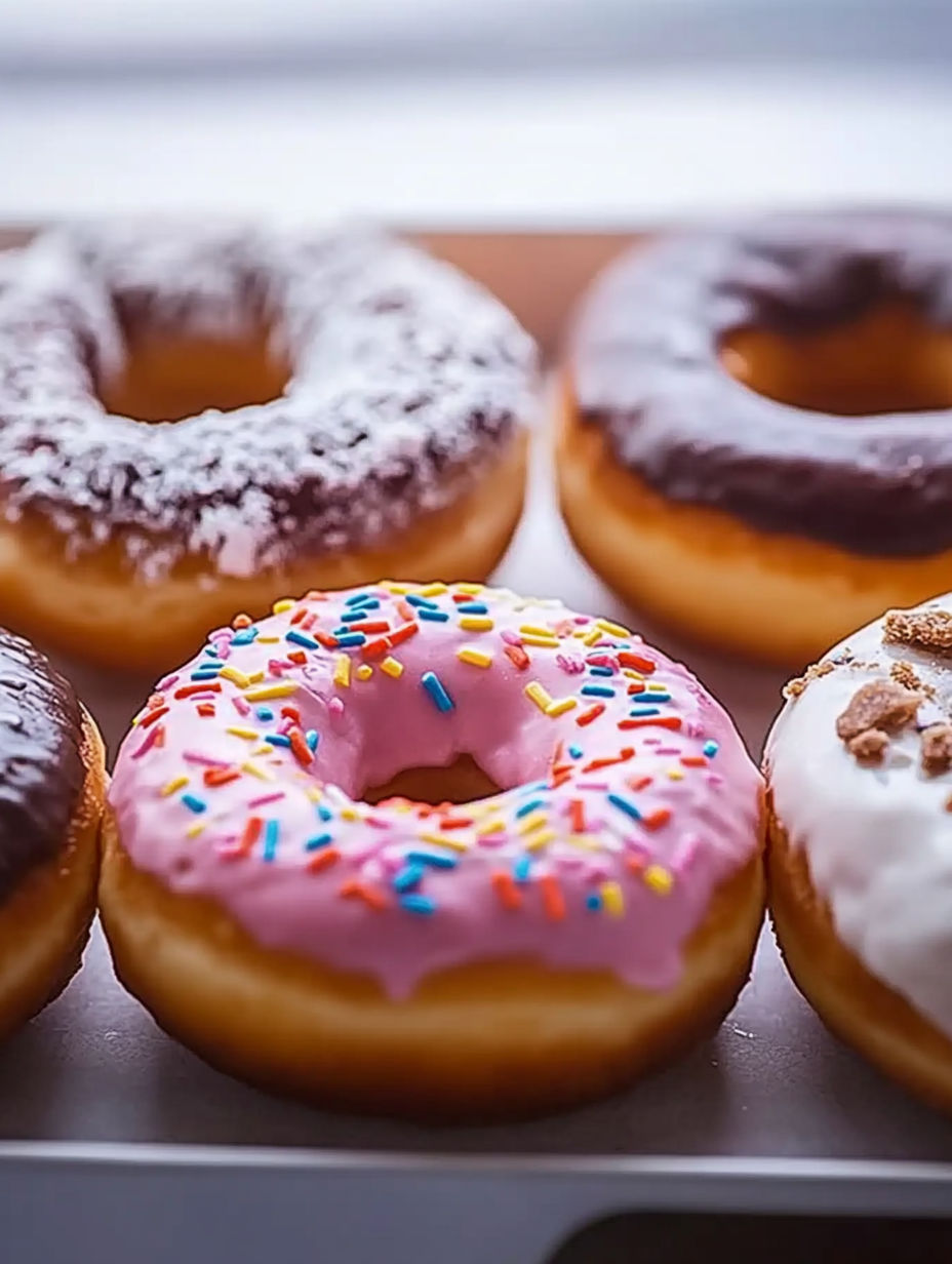 A box of assorted doughnuts with sprinkles and frosting.