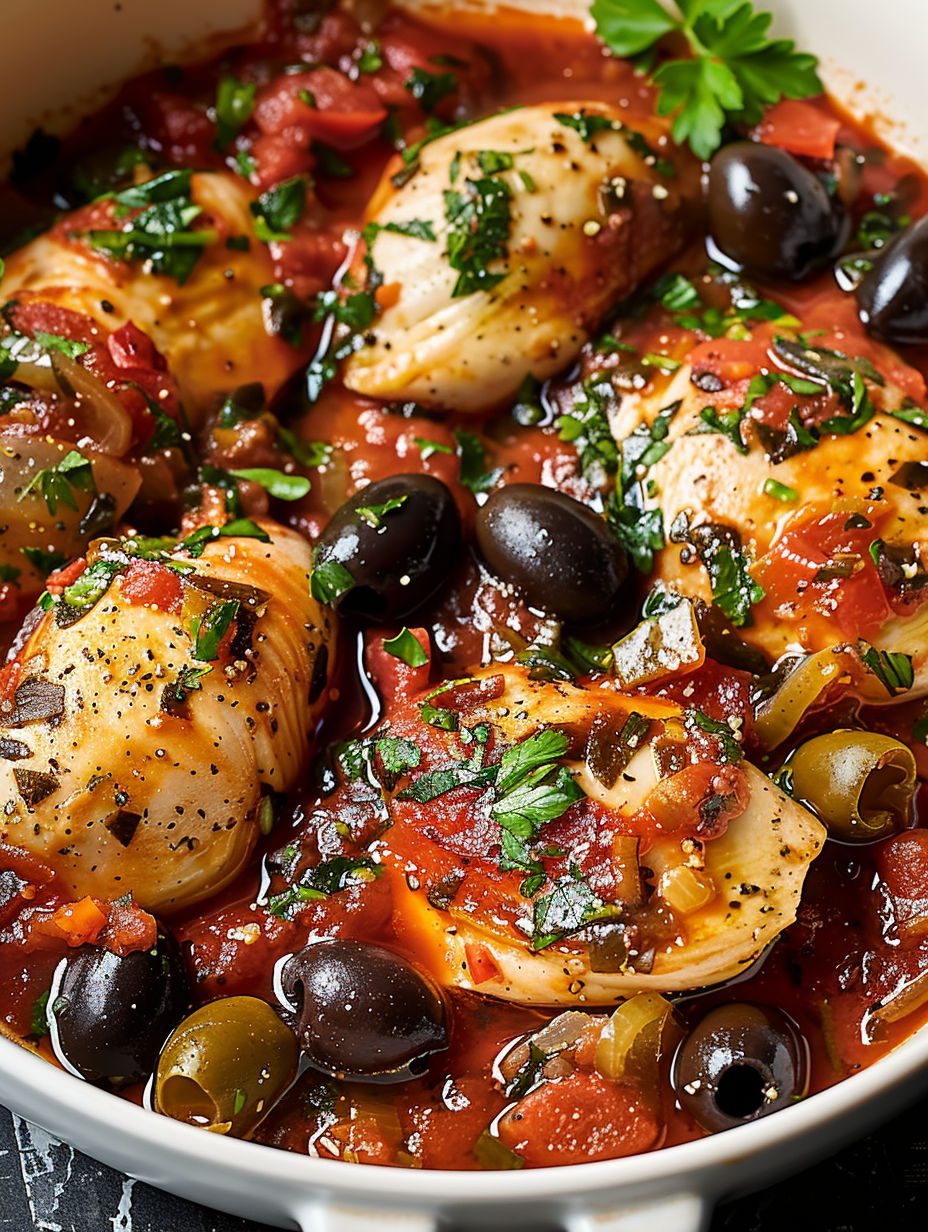 A bowl of food with chicken, olives, and tomatoes.