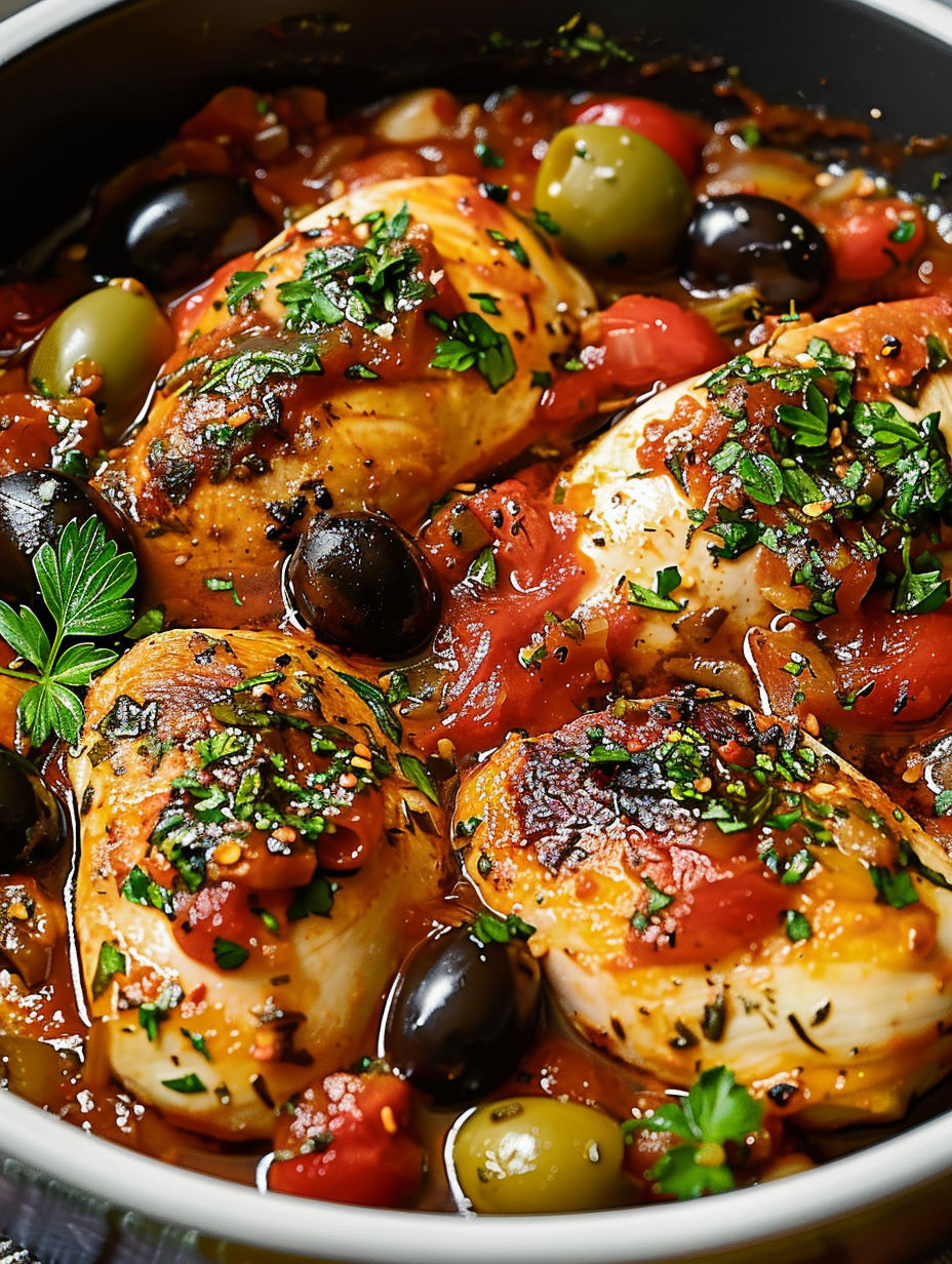 A dish of chicken with olives and tomatoes.