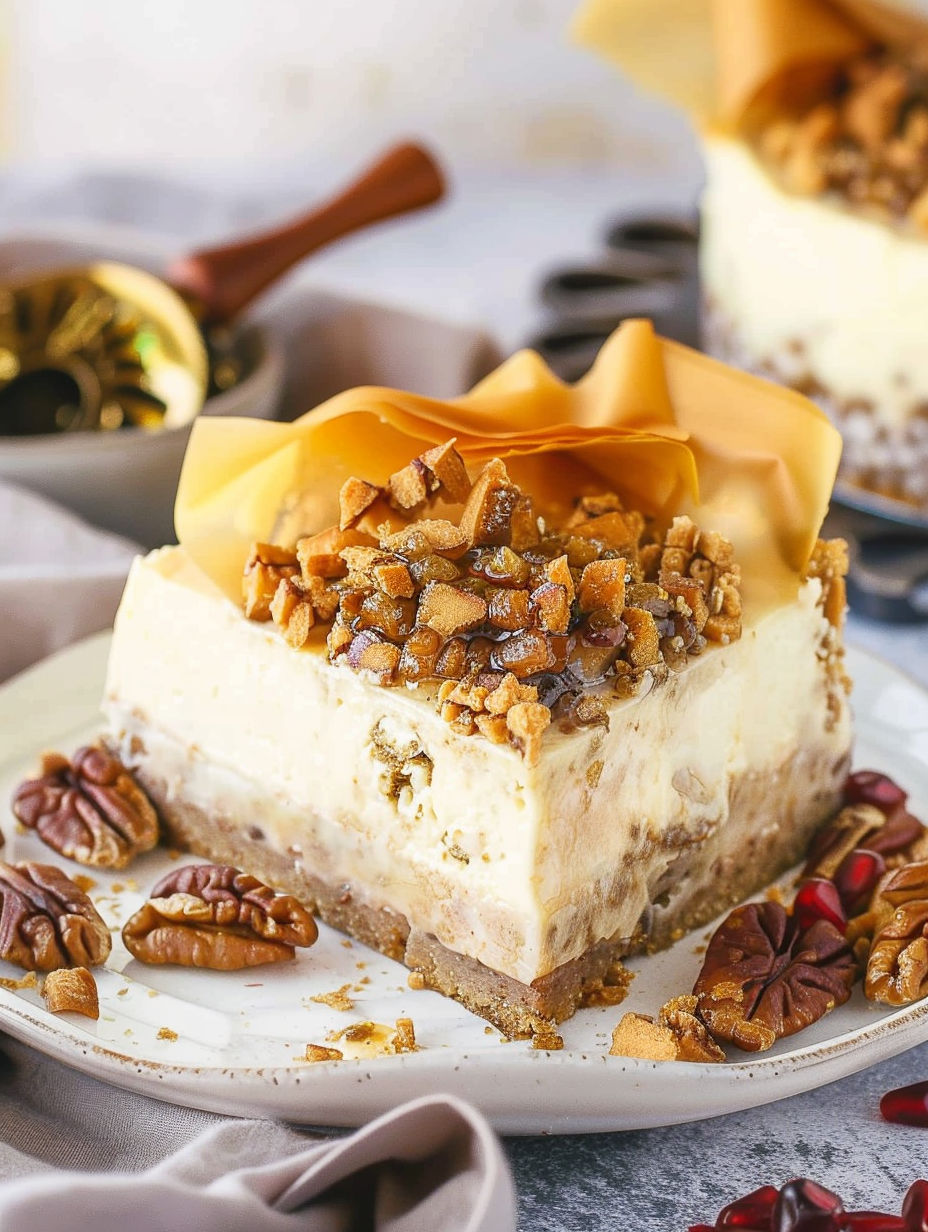 A slice of cake with walnuts and caramel on top.