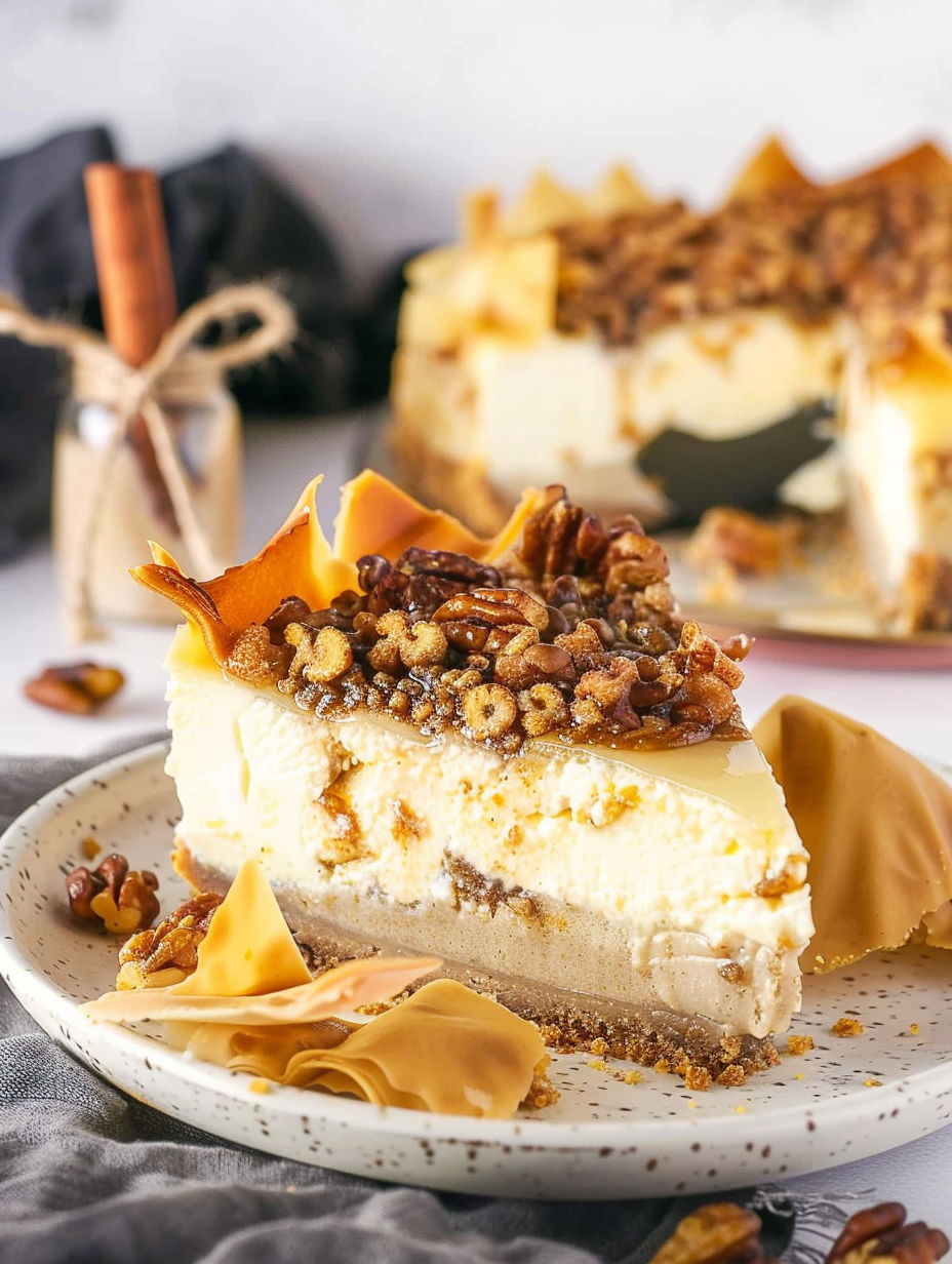 A slice of cake with nuts on top.