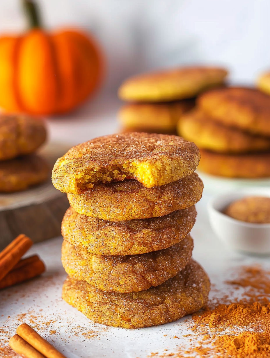 A stack of sugar cookies with a pumpkin in the background.