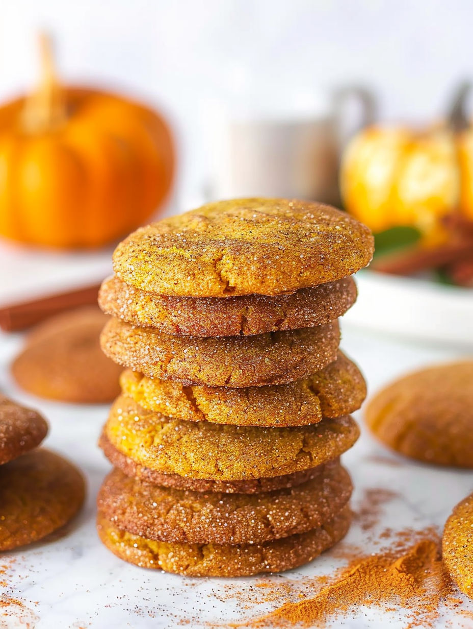 A stack of cookies with a pumpkin in the background.