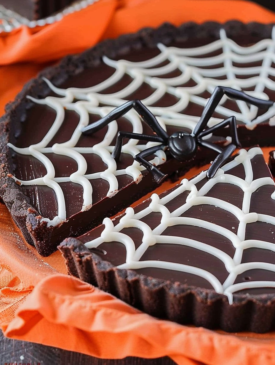 A slice of chocolate cake with a spider web design.
