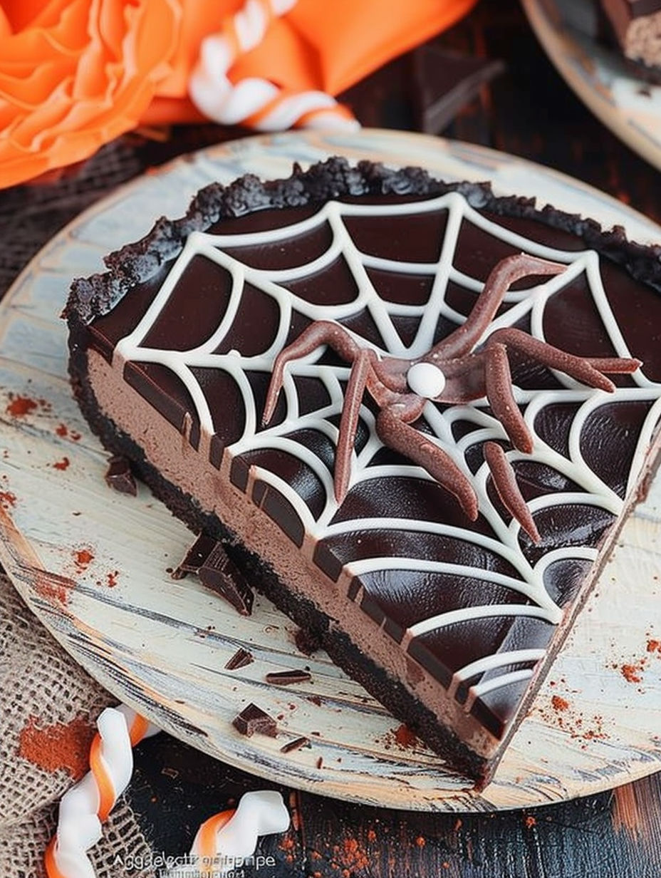 A slice of chocolate cake with a spider web design.