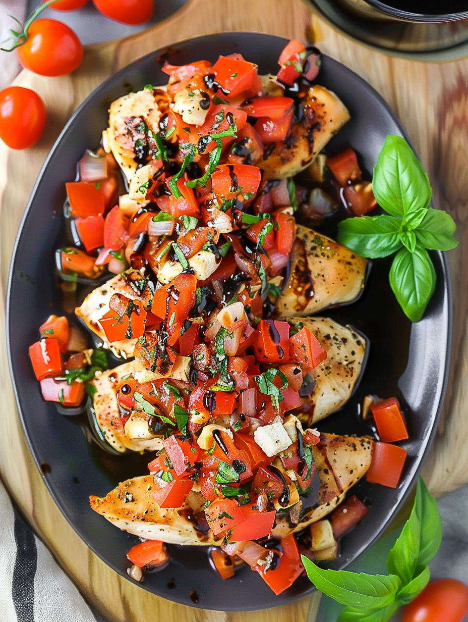 A plate of chicken with tomatoes and basil.