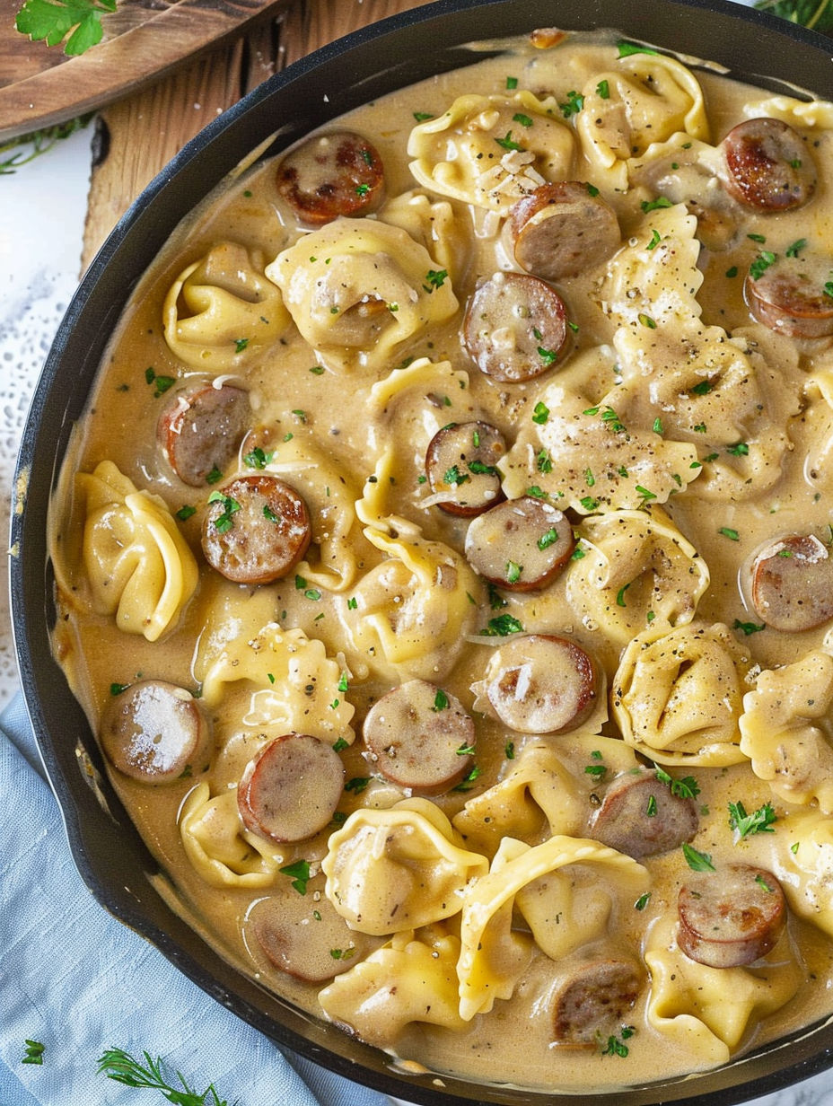 A bowl of pasta with sausage and cheese.