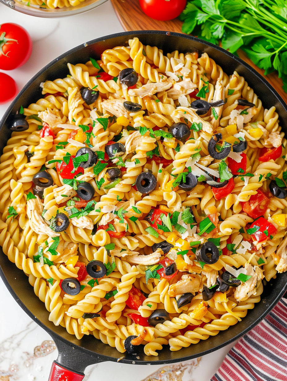 A bowl of pasta with tomatoes, olives, and chicken.