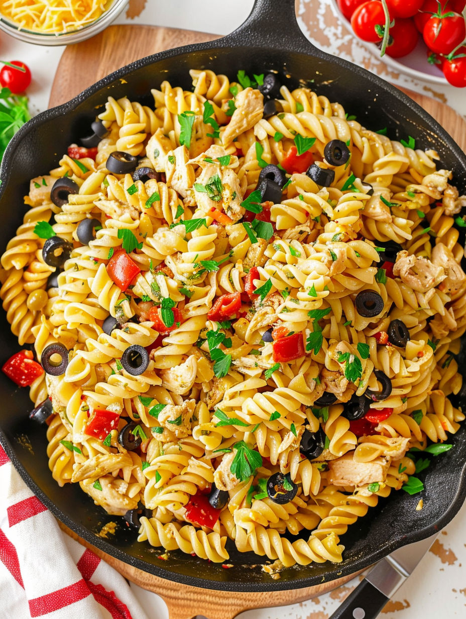A pan of pasta with chicken and vegetables.