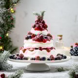 A Christmas tree shaped cake with berries and whipped cream.