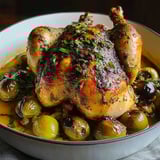 A roasted chicken with herbs and olives.
