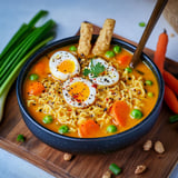 A bowl of soup with noodles, carrots, eggs, and peppers.