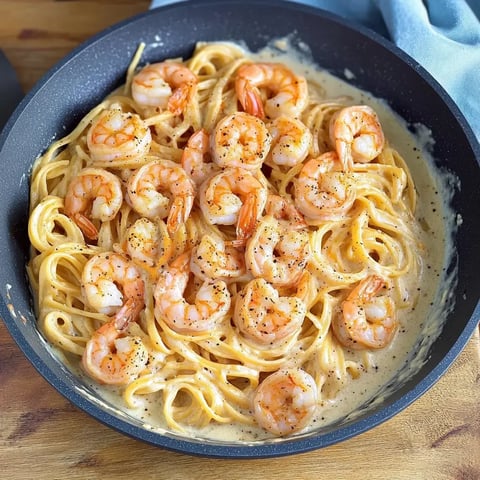 Assiette appétissante de linguines aux crevettes dans une sauce veloutée, avec une touche de poivre noir.
