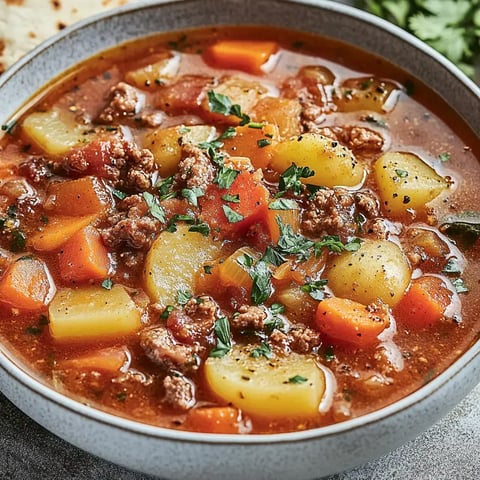 Une assiette creuse remplie de mijoté maison avec légumes de saison, viande hachée et fines herbes.
