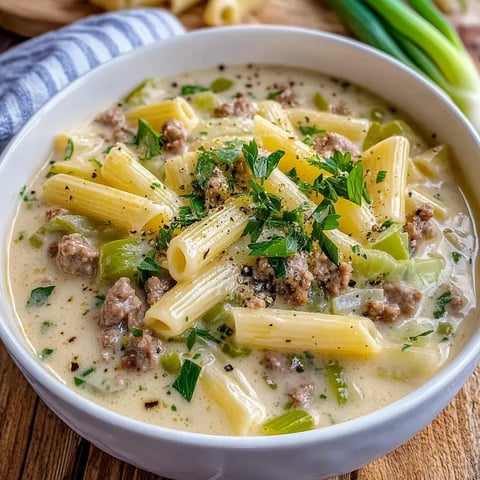Un bol de pâtes onctueuses avec rigatoni, bœuf haché et morceaux de poireaux, parsemé d'herbes fraîches.