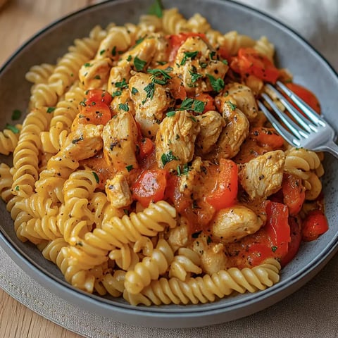 Un plat de pâtes torsadées, couvert de bouts de volaille et poivrons, parsemé d'herbes vertes.