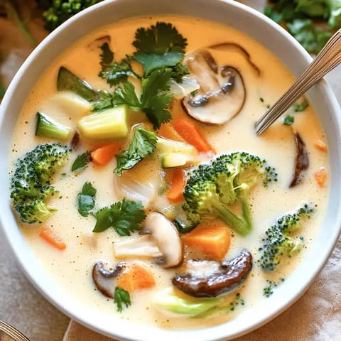 Un bol fumant de soupe crémeuse garnie de morceaux de brocoli, carottes, champignons et feuilles de coriandre.