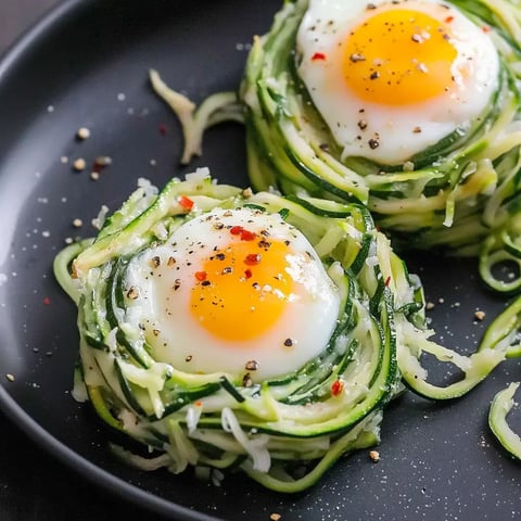 Deux nids faits de spirales de courgettes vertes, chacun garni d'un œuf moelleux, parsemés de poivre noir et de piment rouge écrasé sur une assiette sombre.