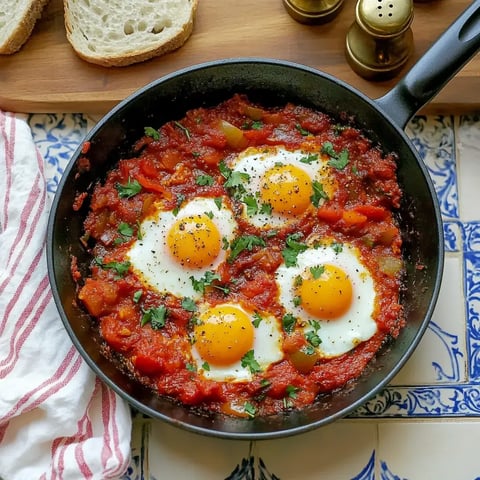 Une poêle contenant une shakshuka avec trois œufs mijotés dans un coulis de tomates épicé, parsemée d'herbes fraîches, posée sur une table aux carreaux multicolores avec du pain visible en fond.
