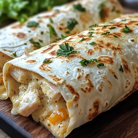 Deux galettes généreusement farcies avec un mélange onctueux de poulet et légumes, présentées sur une planche rustique.