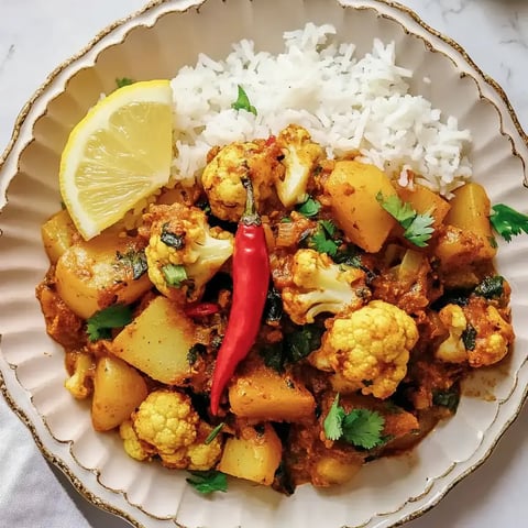 Assiette de curry aux choux-fleurs et pommes de terre, garnie de coriandre fraîche, un piment rouge, un quartier de citron, avec du riz à côté.
