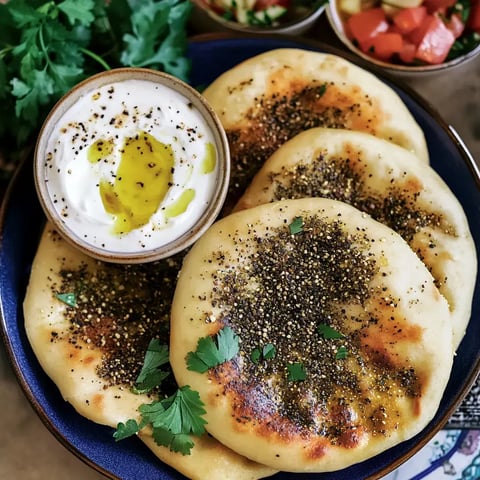 Un plat contenant trois galettes dorées saupoudrées de poivre, accompagnées d'un bol de yaourt enrichi d'huile d'olive et d'épices.