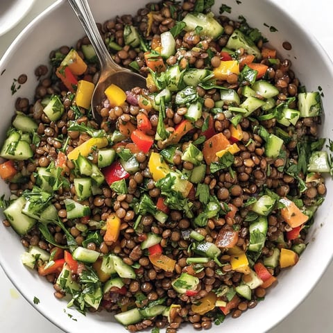 Un assemblage vibrant de lentilles et légumes frais parsemé d'herbes aromatiques.