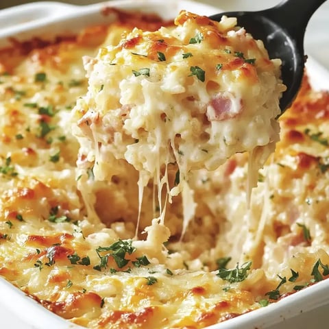 Une cuillère soulève une portion de gratin au riz crémeux, avec sa croûte dorée et son persil frais par-dessus.