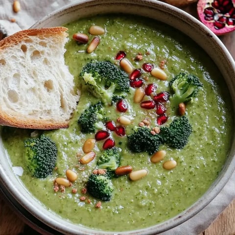 Un bol de velouté crémeux au brocoli, décoré de pignons dorés et grains de grenade, servi avec un bout de pain croustillant.