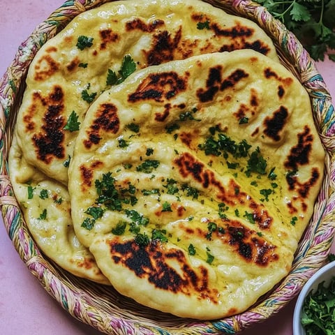 Un panier débordant de naans tout chauds garnis de ciboulette avec de jolies marques de cuisson.