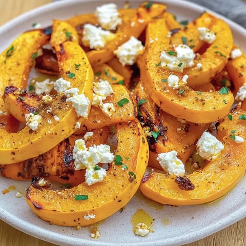 Des morceaux de potimarron dorés au four avec feta fondante et herbes fraîches.