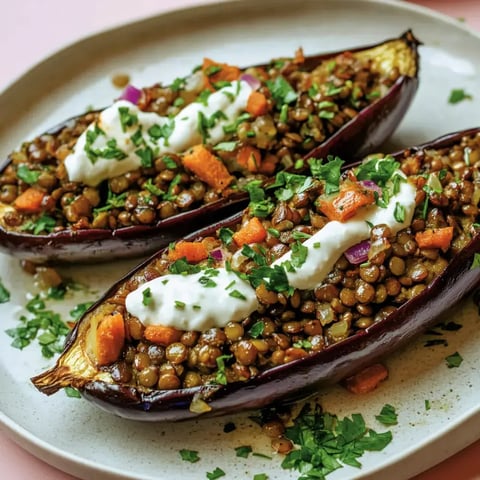 Aubergines cuites au four avec un mélange de Linsen relevées, accompagnées d'une sauce maison et décorées de persil frais.