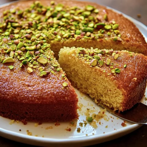 Un gâteau circulaire parsemé de pistaches avec une part enlevée, posé sur une assiette blanche.