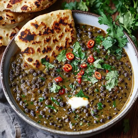 Un bol rempli de lentilles Dal garni de coriandre fraîche, quelques piments rouges et un morceau de pain à côté.