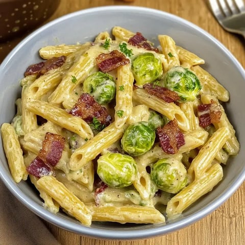 Une assiette de pâtes avec des choux de Bruxelles et du speck dans une sauce crémeuse.