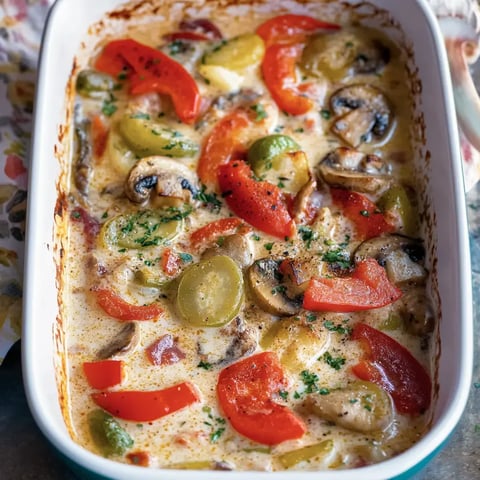 Un plat gourmand avec sauce crémeuse, garni de légumes colorés et de champignons, saupoudré d'herbes fraîches.