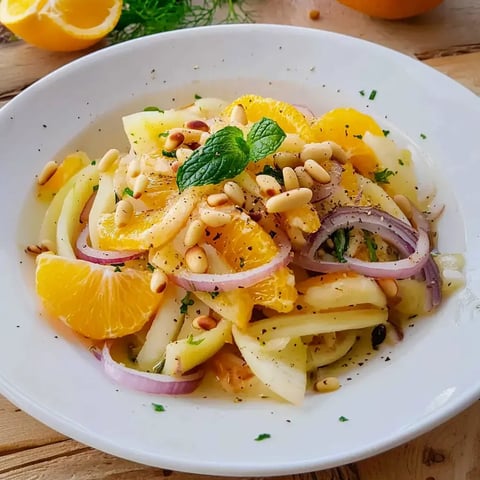 Salade colorée servie dans un bol blanc avec des morceaux d'orange, du fenouil émincé, des oignons rouges et des pignons, garnie de feuilles de menthe.