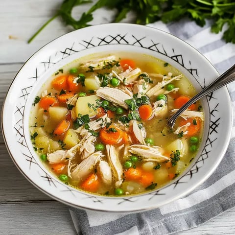 Une assiette de soupe au poulet décorée de persil. On y voit des morceaux de poulet, des carottes, des petits pois et des pommes de terre.