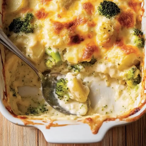Un délicieux mélange de brocolis et pommes de terre nappé de sauce crémeuse et couvert de fromage doré.