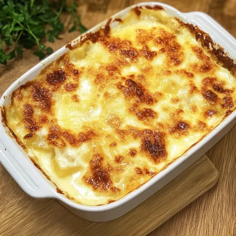 Un gratin appétissant à la croûte dorée servi dans un plat blanc sur une table en bois.