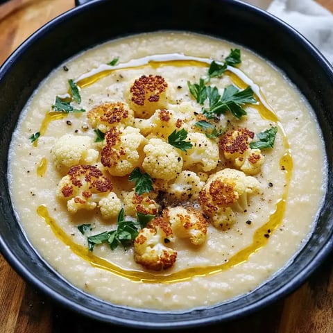 Assiette de velouté crémeux garnie de bouquets de chou-fleur dorés, de persil et d'un filet d'huile.