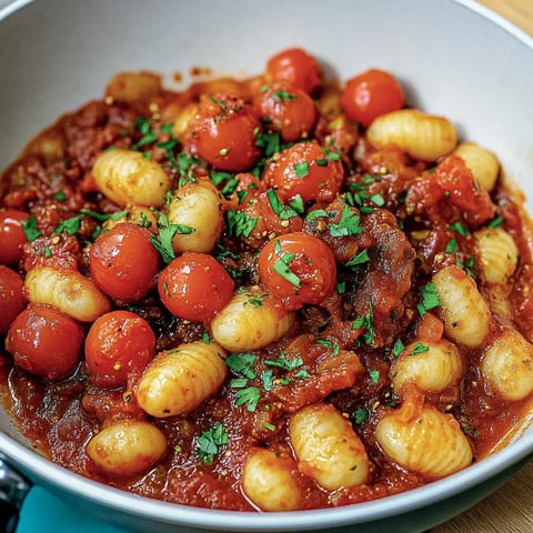 Gnocchi dans leur sauce tomate, parsemés de coriandre et accompagnés de tomates cerises rouges.