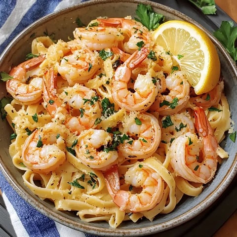 Linguine servies avec des crevettes, du persil et un quartier de citron dans une assiette blanche.