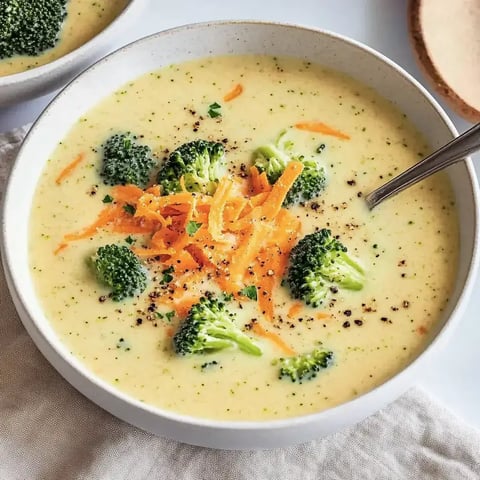 Un bol fumant de velouté brocoli-carottes, garni de carottes râpées et petits bouquets de brocoli.