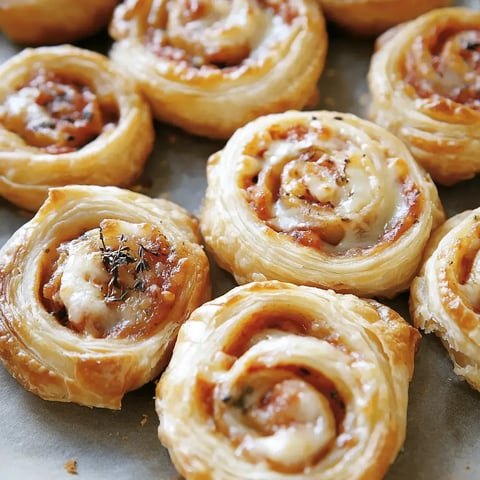 Un plateau de petites spirales feuilletées bien dorées et garnies, prêtes à être dégustées avec quelques brins d'herbes fraîches.