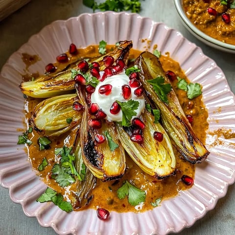 Demi-légumes dorés servis dans une assiette rose, garnis de yaourt, graines de grenade et herbes fraîches dans une sauce onctueuse.