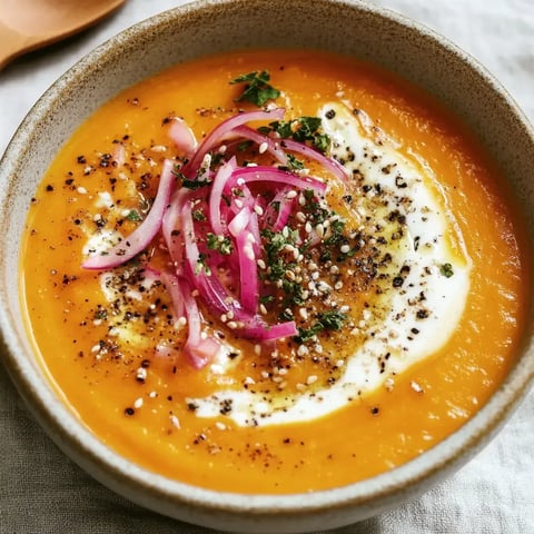 Un potage de carottes surmonté d'oignons rouges, d'herbes fraîches, de graines de sésame et d'une touche de crème.