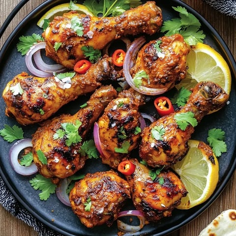 Cuisses de poulet grillées sur assiette sombre avec garniture de coriandre, oignons rouges en tranches, piments et quartiers de citron.